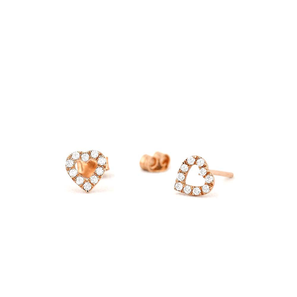 14K Gold Mini Heart Earrings Diamond Studs - view 2