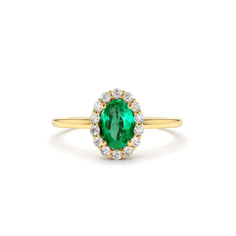 14K Gold Oval Cut Emerald Halo Diamond Ring by Orlina Fine