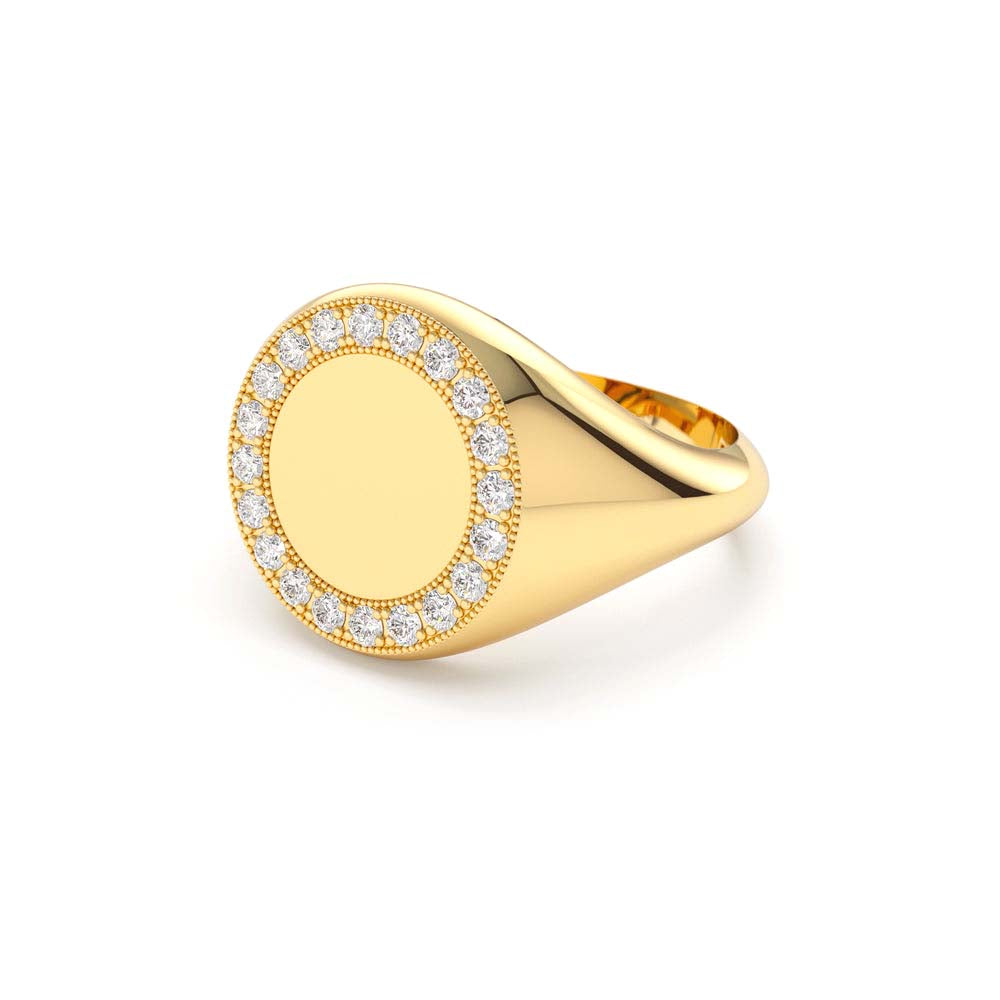 14K Gold Diamond Round Signet Ring - view 2