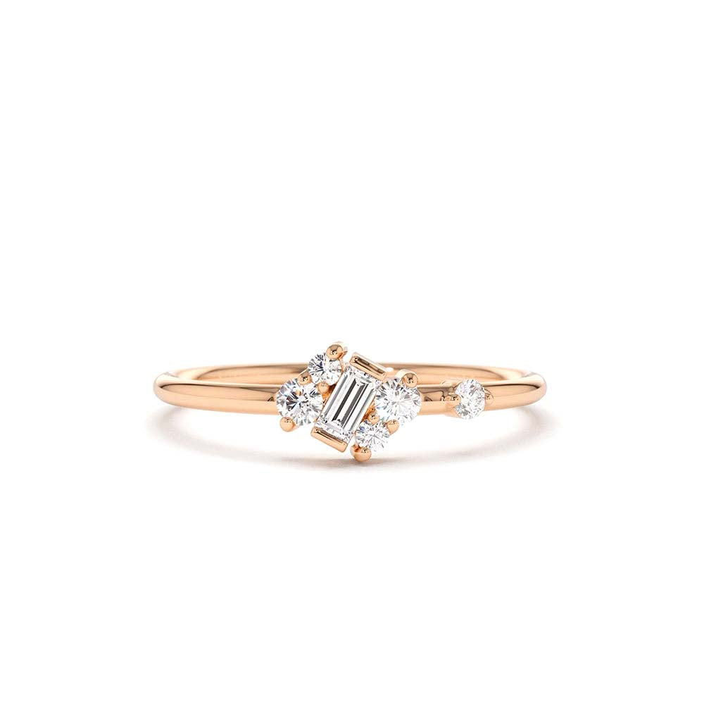 14K Gold Slanted Baguette and Round Diamond Ring - view 2