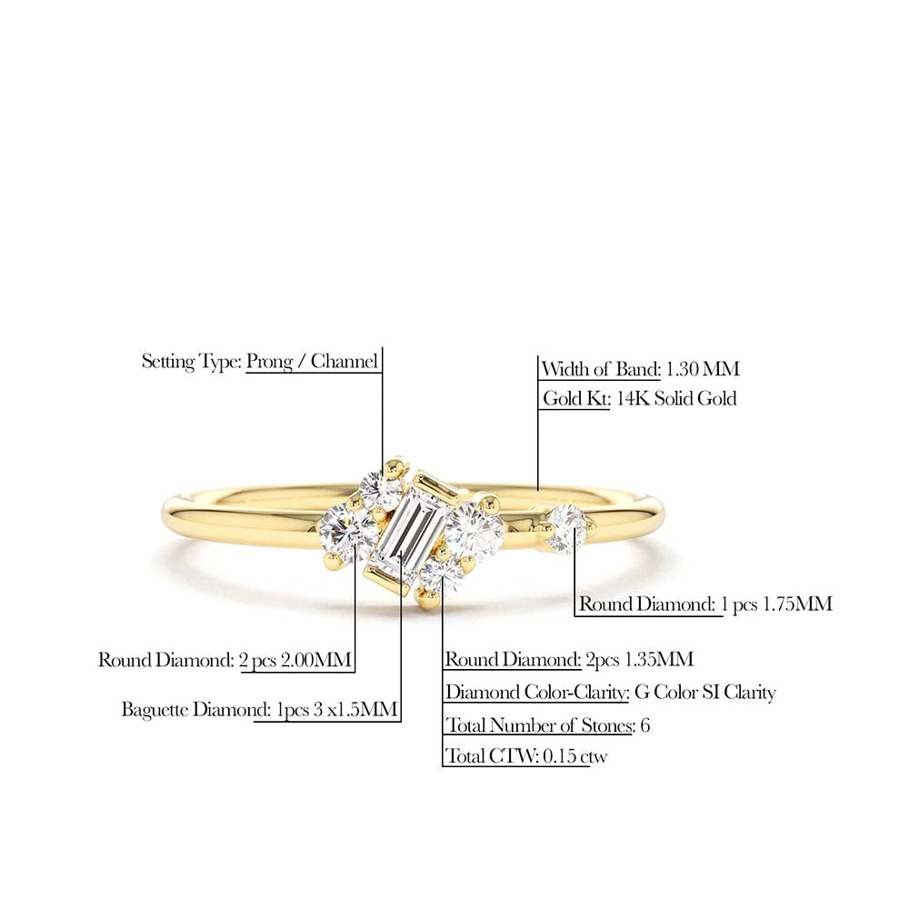 14K Gold Slanted Baguette and Round Diamond Ring - view 4