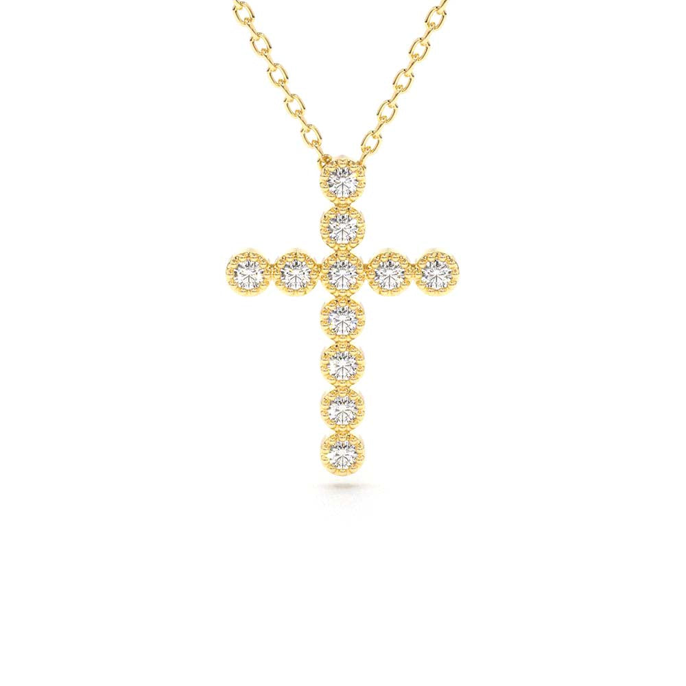 14K Gold Bezel Setting With Milgrain Diamond Cross Necklace by Orlina Fine