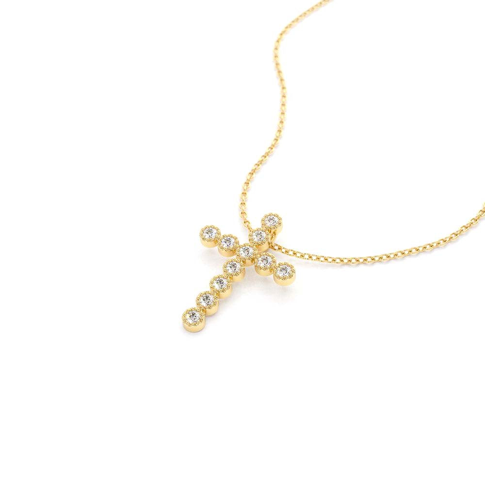 14K Gold Bezel Setting With Milgrain Diamond Cross Necklace - view 4