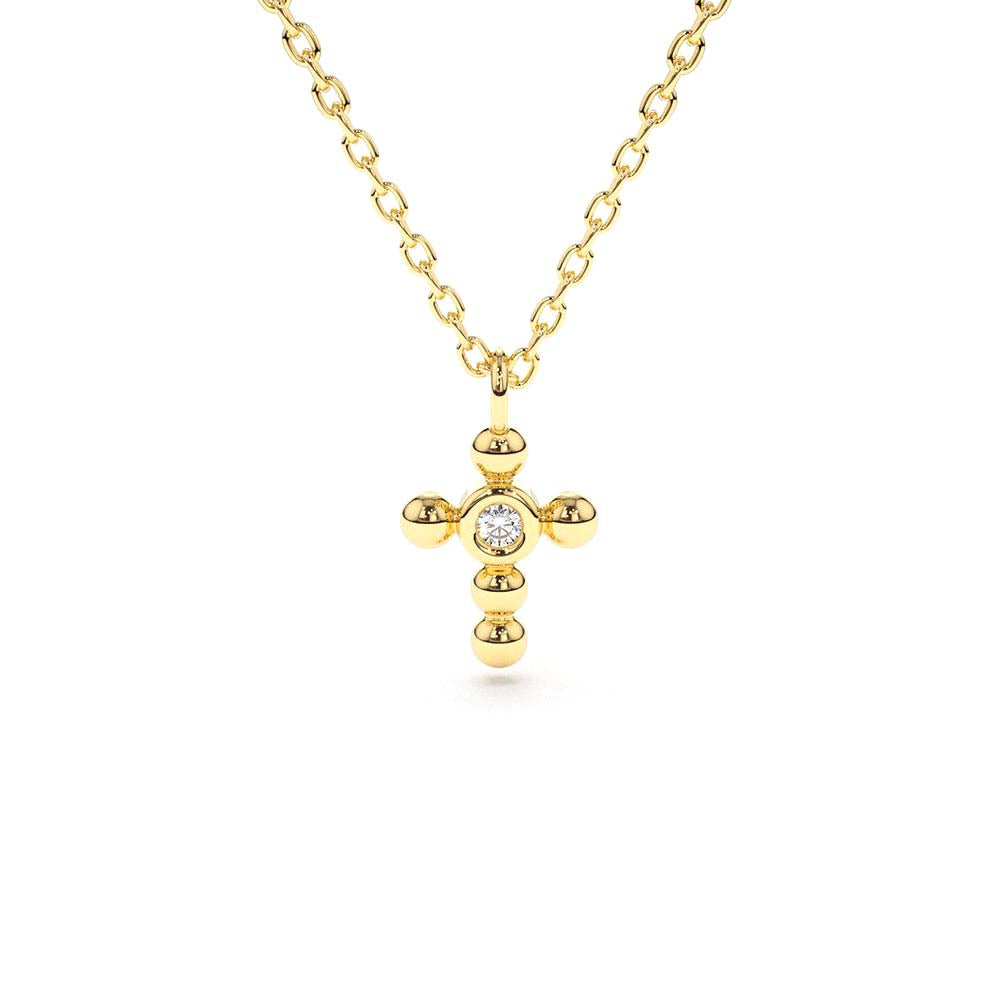 14K Gold Tiny Ball Diamond Cross Necklace by Orlina Fine