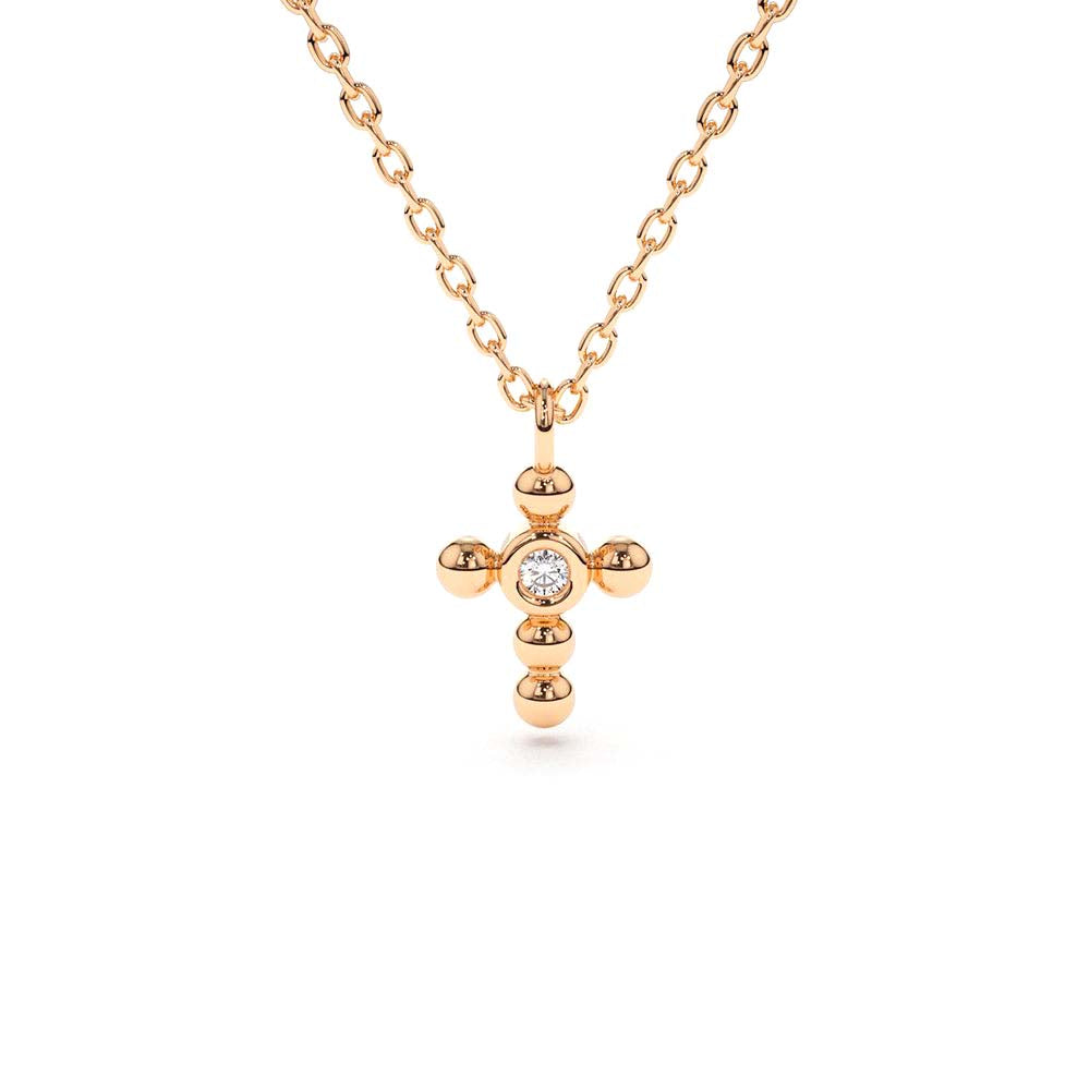 14K Gold Tiny Ball Diamond Cross Necklace - view 2