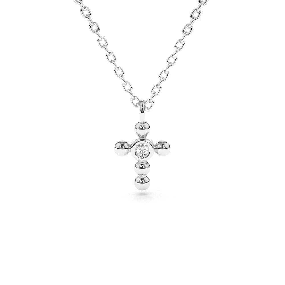 14K Gold Tiny Ball Diamond Cross Necklace - view 3