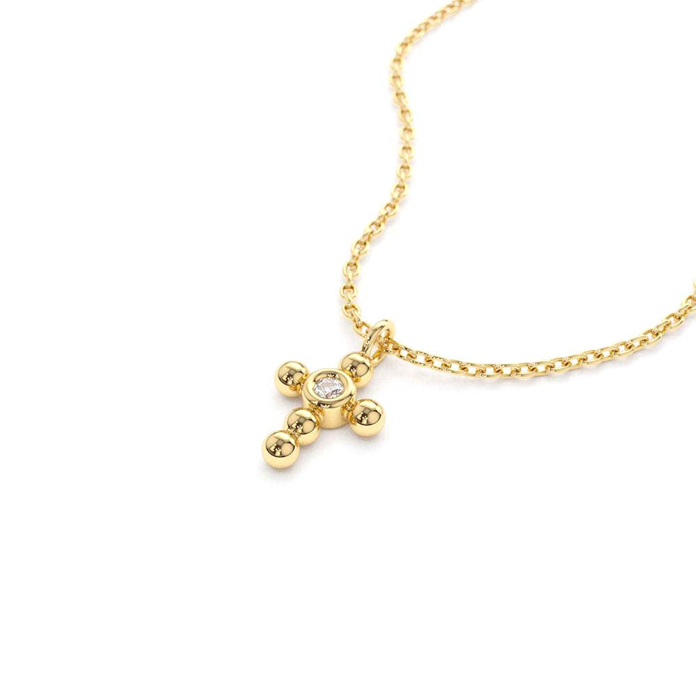 14K Gold Tiny Ball Diamond Cross Necklace - view 4