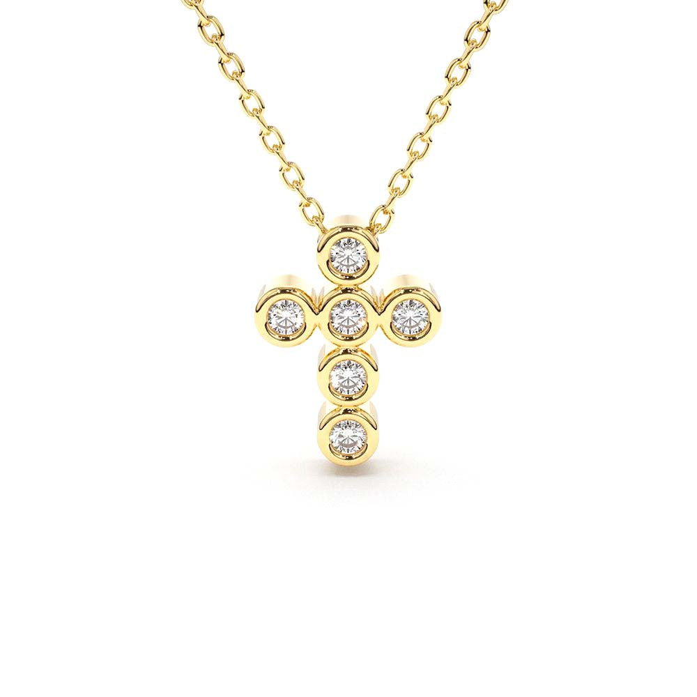 14K Gold 6 Stone Bezel Setting Diamond Cross Necklace by Orlina Fine