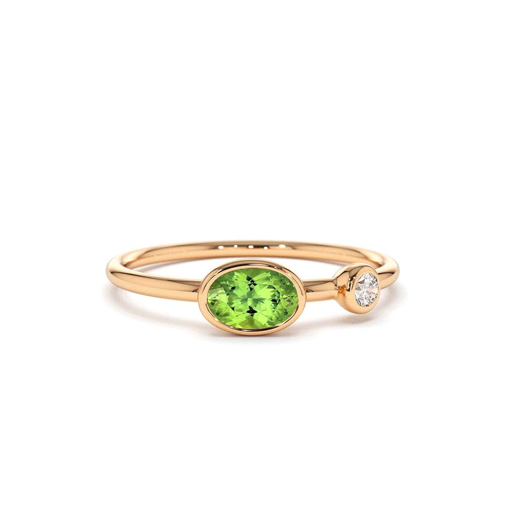 14K Gold Oval Peridot and Diamond Ring - view 2
