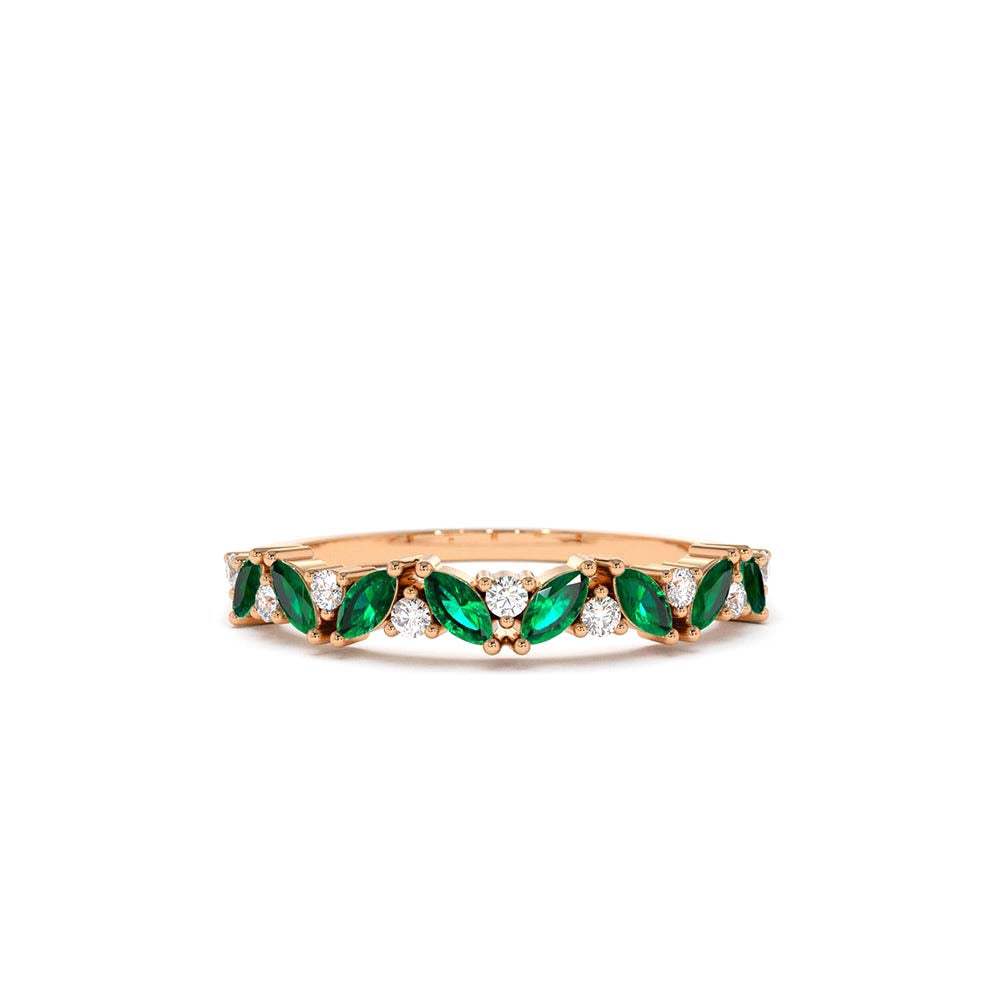 14K Slanted Emerald and Round Diamond Ring - view 2