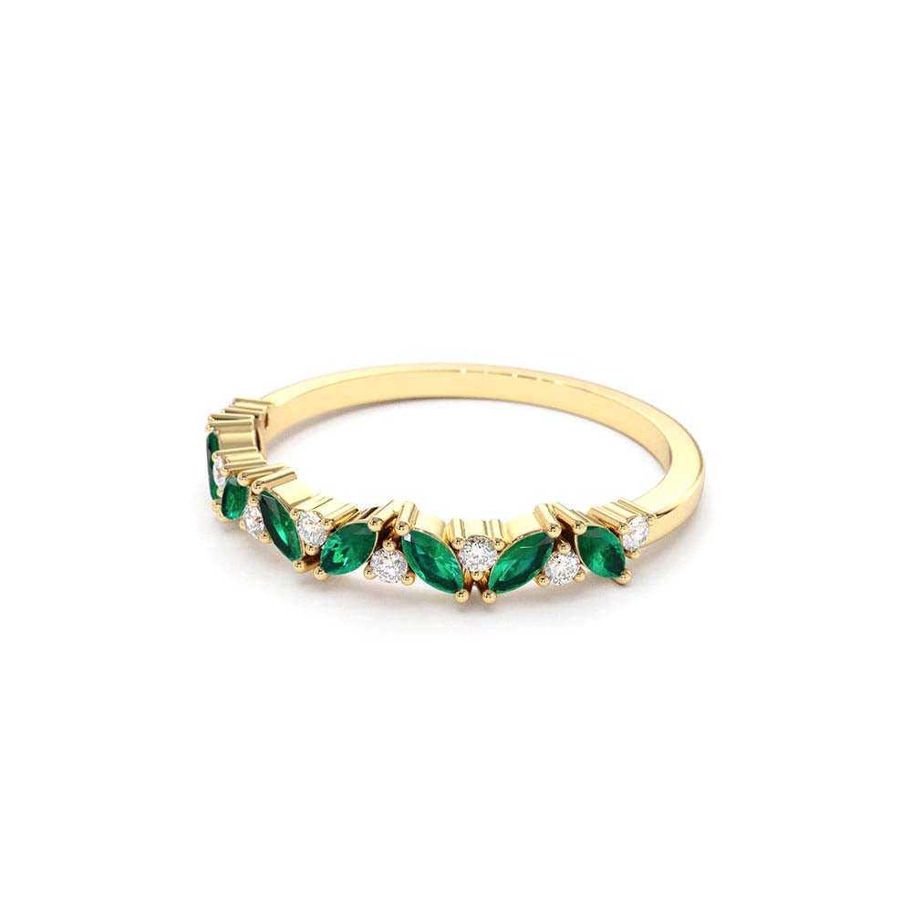 14K Slanted Emerald and Round Diamond Ring - view 4
