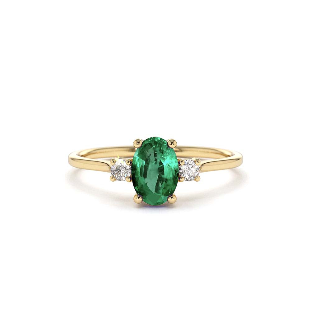 14K Oval Shape Emerald and Diamond 3 Stone Ring by Orlina Fine