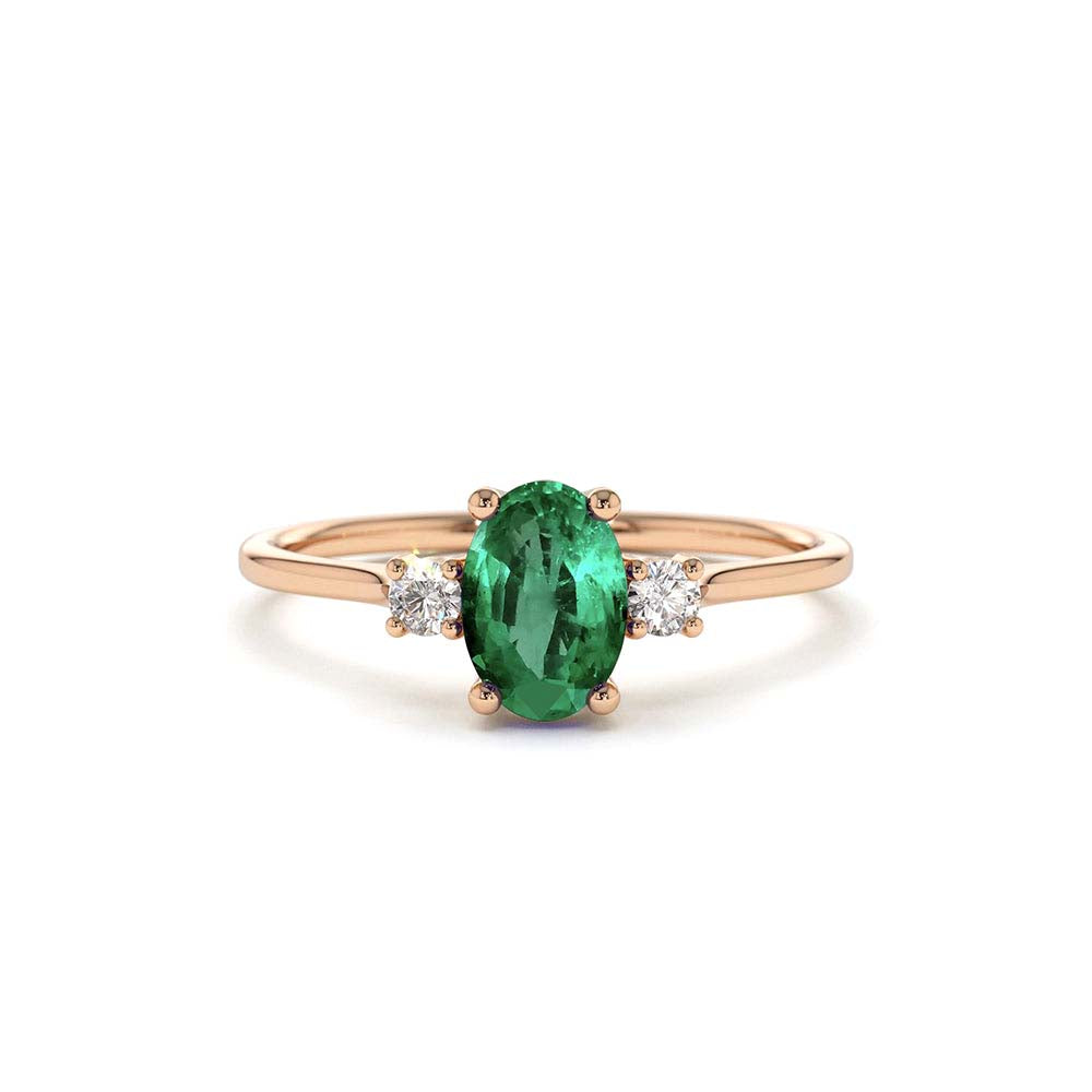 14K Oval Shape Emerald and Diamond 3 Stone Ring - view 2