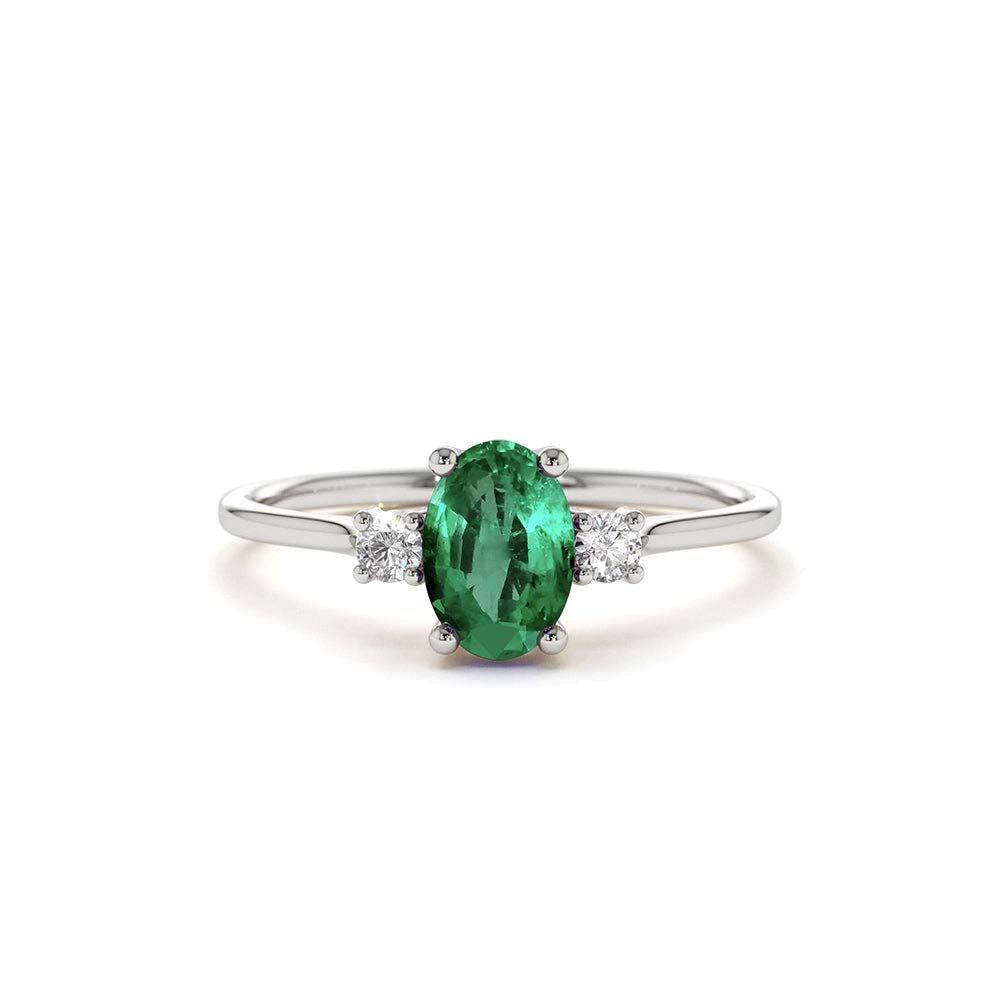 14K Oval Shape Emerald and Diamond 3 Stone Ring - view 3