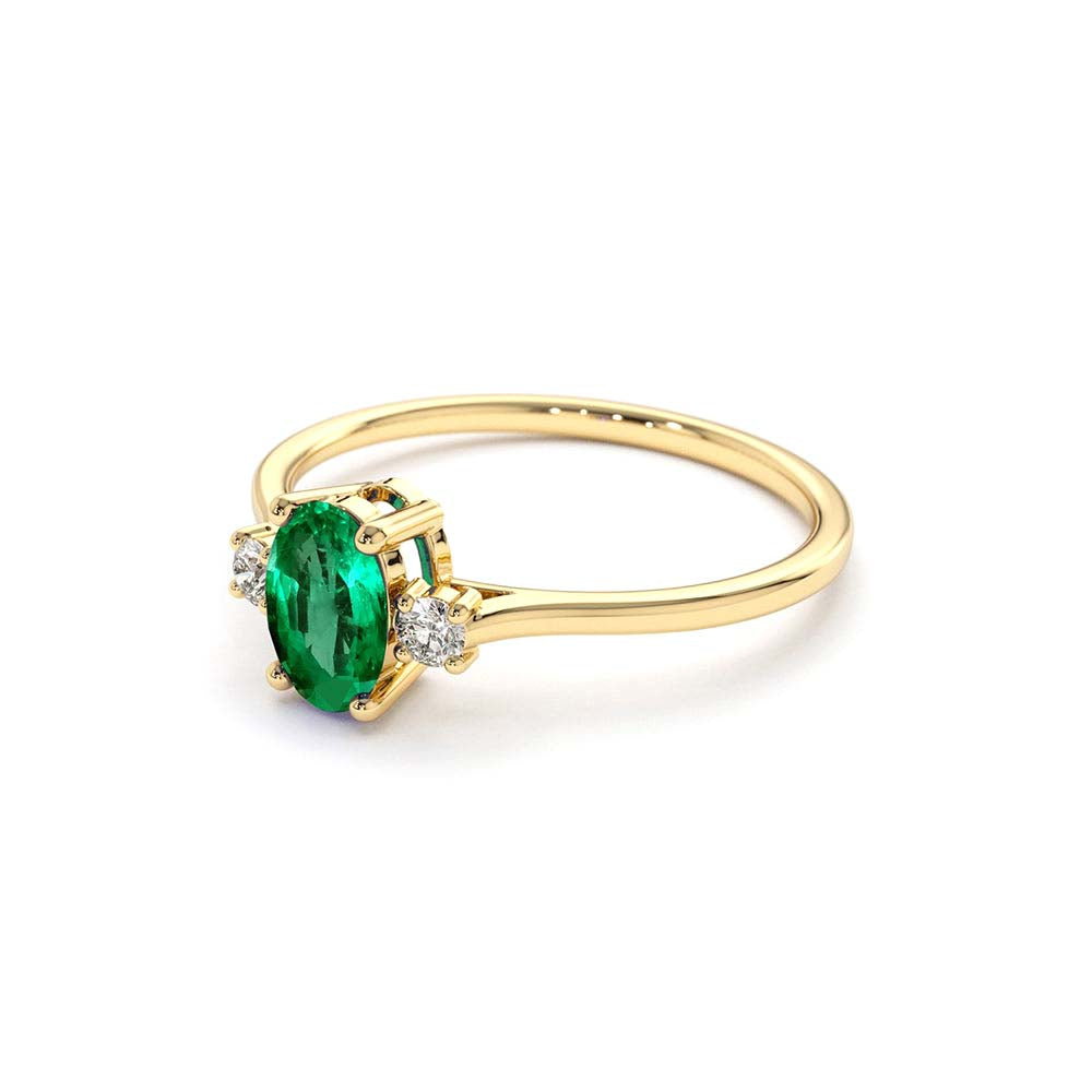 14K Oval Shape Emerald and Diamond 3 Stone Ring - view 4