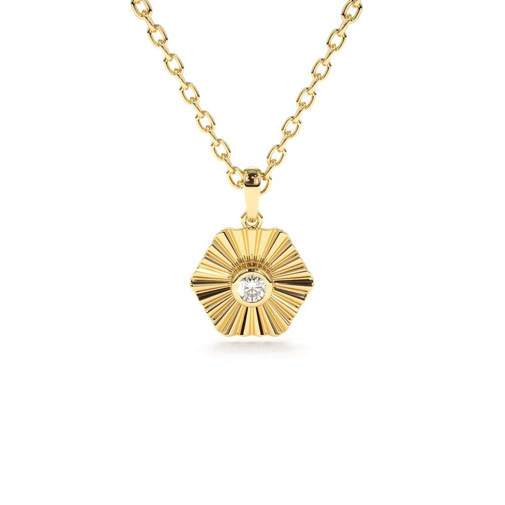 14K Gold Hexagon Diamond Disc Ray Necklace by Orlina Fine