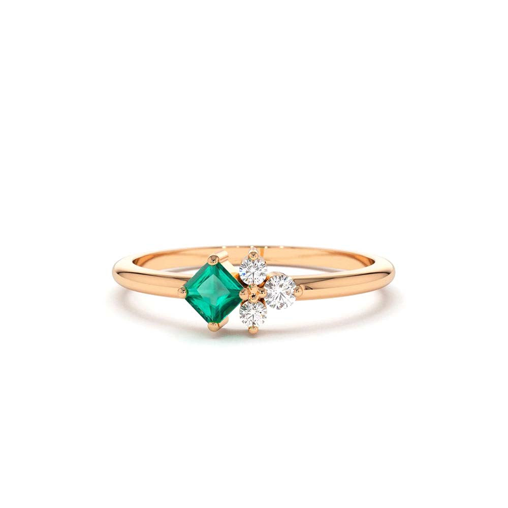 14K Dainty Princess Cut Emerald and Diamond Ring - view 2