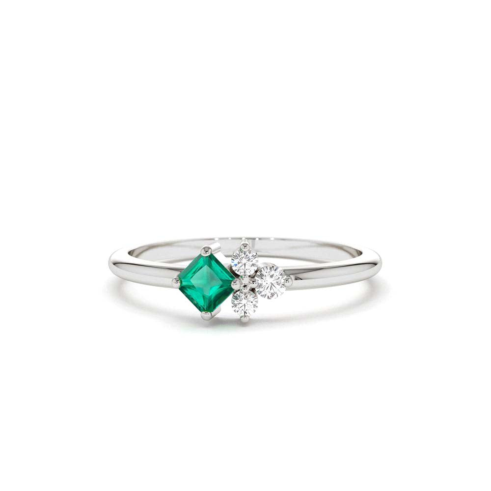 14K Dainty Princess Cut Emerald and Diamond Ring - view 3