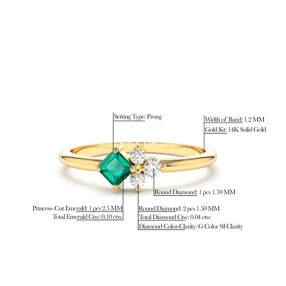 14K Dainty Princess Cut Emerald and Diamond Ring - view 4