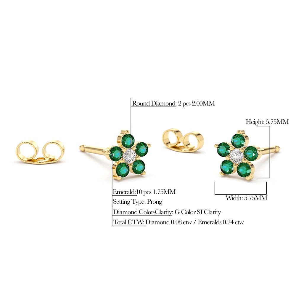 14K Emerald and Diamond Flower Studs - view 2