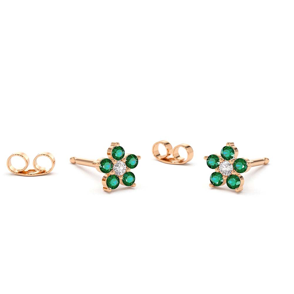 14K Emerald and Diamond Flower Studs - view 3