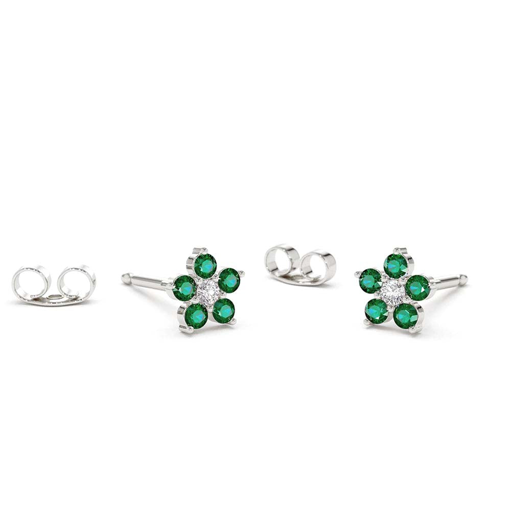14K Emerald and Diamond Flower Studs - view 4