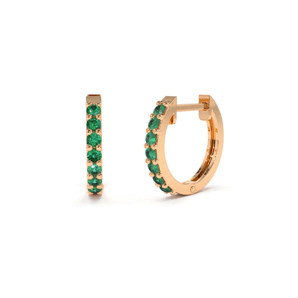 14K Gold Emerald Huggie Hoop Earrings - view 2