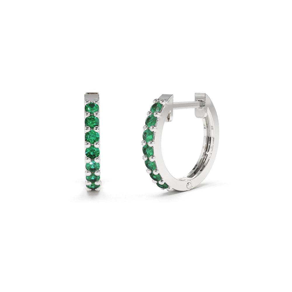 14K Gold Emerald Huggie Hoop Earrings - view 3
