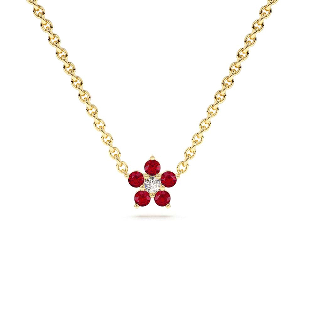 14K Ruby and Diamond Flower Charm Necklace by Orlina Fine