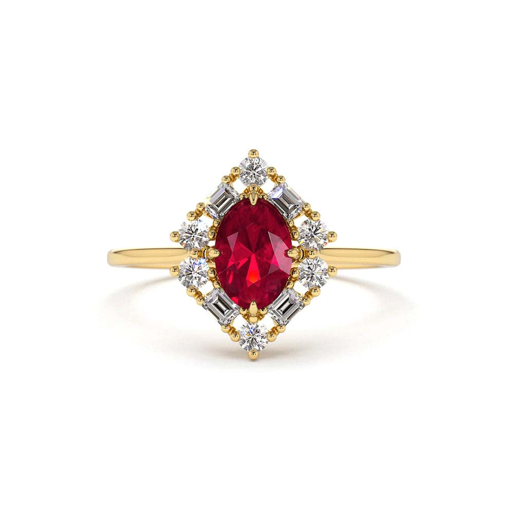 14K Unique Natural Ruby and Baguette Ring by Orlina Fine