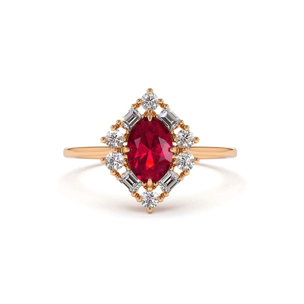 14K Unique Natural Ruby and Baguette Ring - view 2