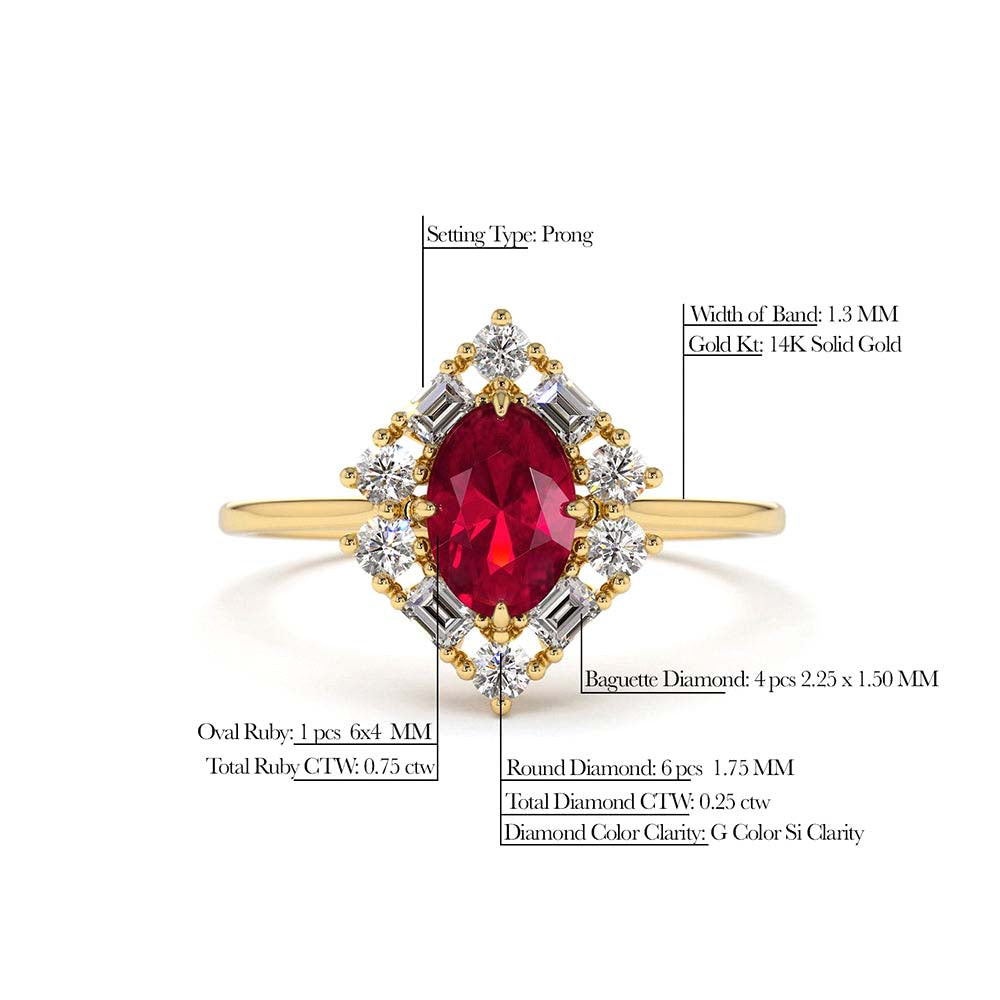 14K Unique Natural Ruby and Baguette Ring - view 4