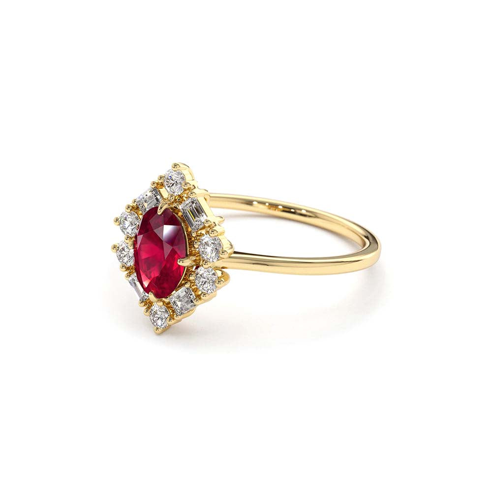 14K Unique Natural Ruby and Baguette Ring - view 5