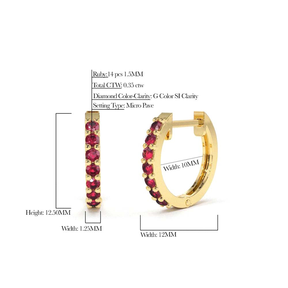 14K Gold Ruby Huggie Hoop Earrings - view 2