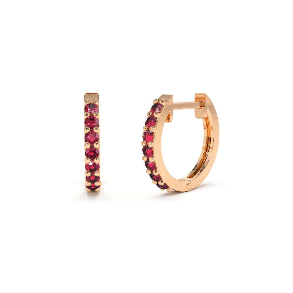 14K Gold Ruby Huggie Hoop Earrings - view 3