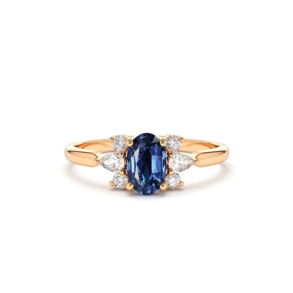 14K Oval Cut Genuine Sapphire Diamond Ring - view 2