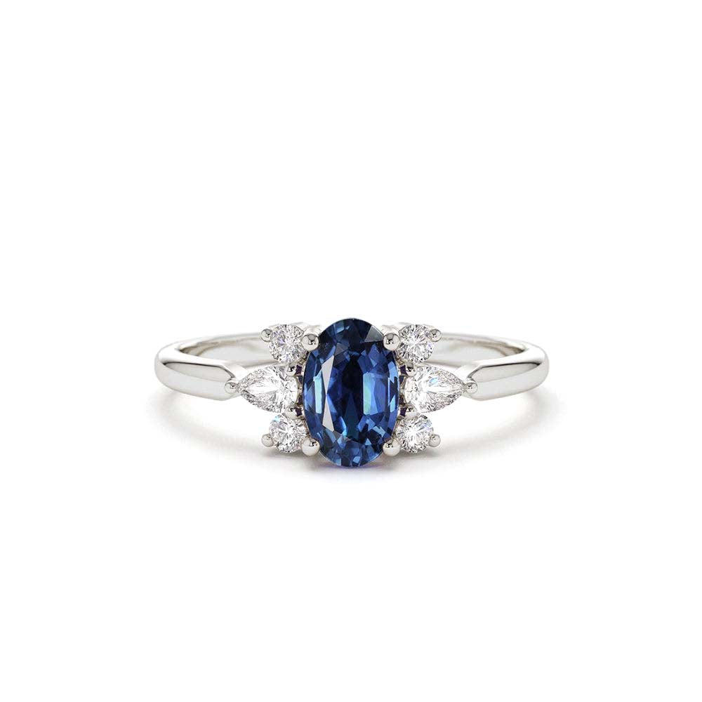 14K Oval Cut Genuine Sapphire Diamond Ring - view 3