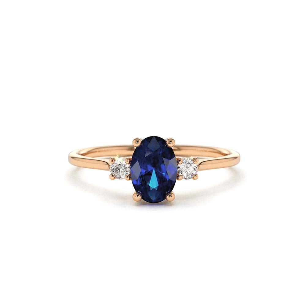 14K Oval Shape Sapphire and Diamond 3 Stone Ring - view 2