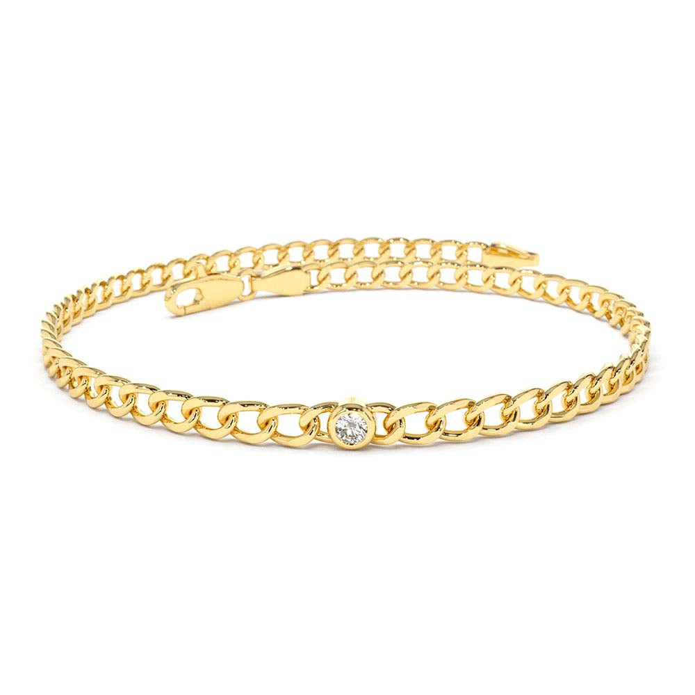 14K Gold Cuban Link Bracelet w/ Bezel Setting Diamond by Orlina Fine