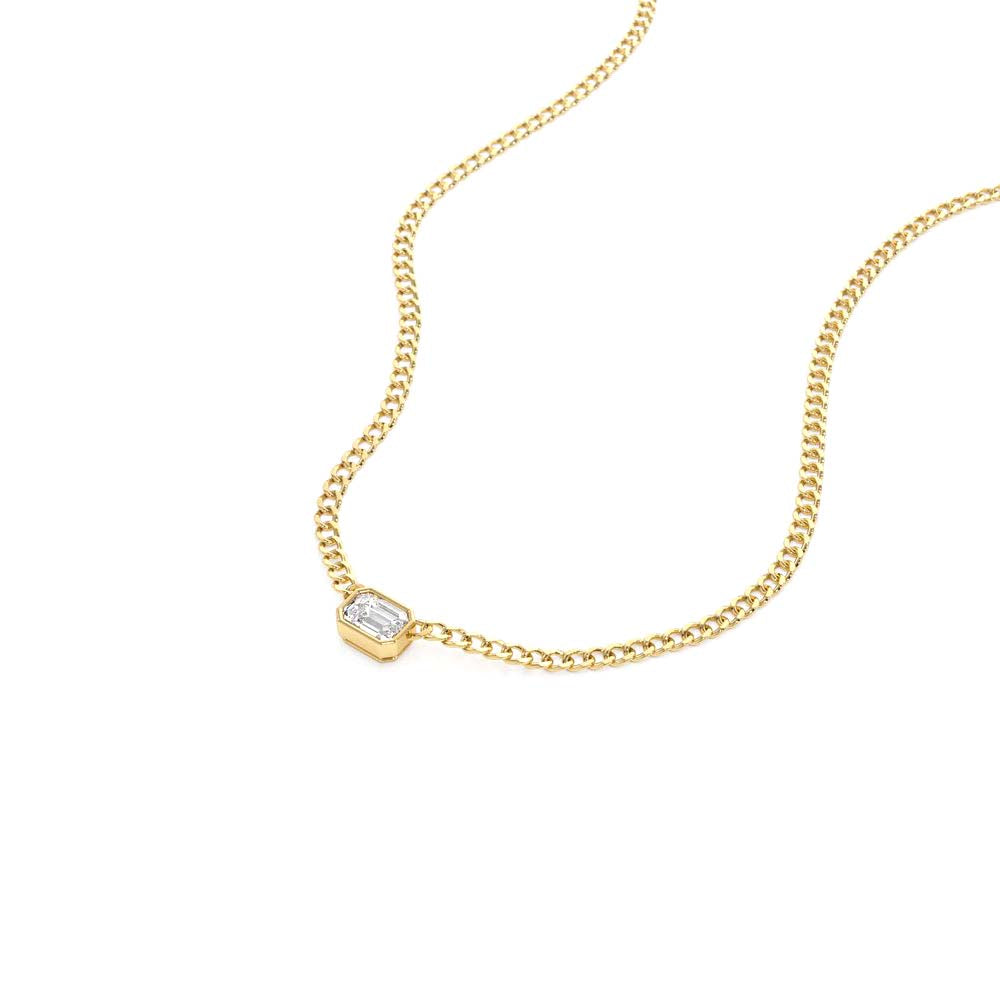 14K Gold Cuban Link Bezel Setting Emerald Cut Diamond Necklace - view 2
