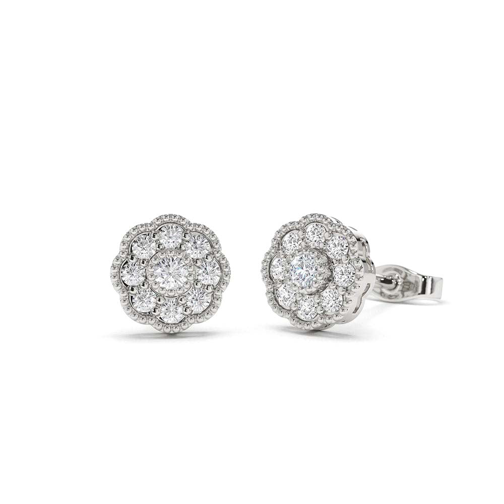 14K Floral Design Diamond Studs - view 3
