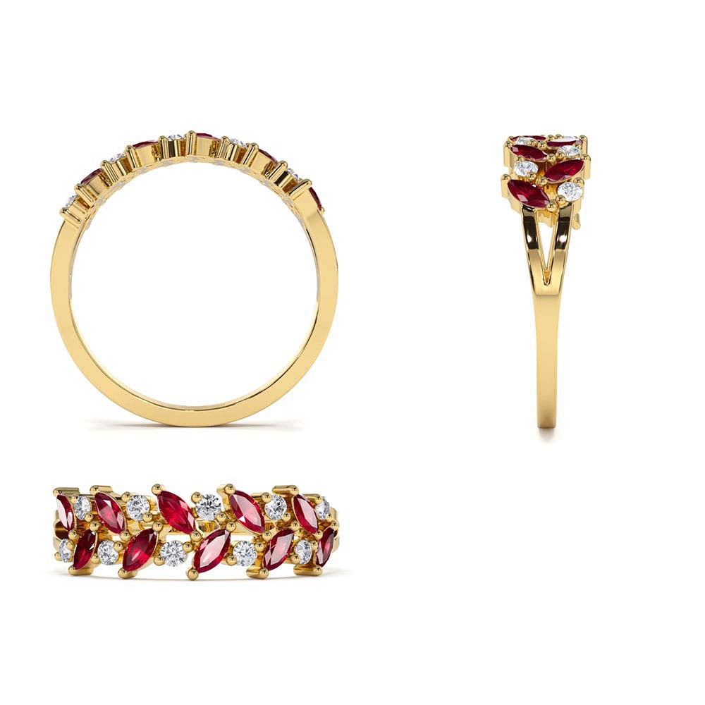 14K Two Rows Marquise Cut Natural Ruby and Diamond Ring - view 5