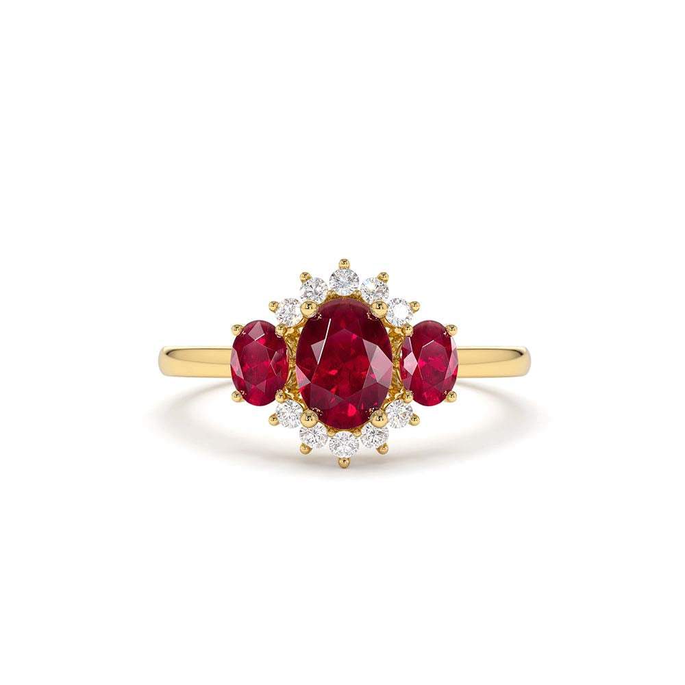 14K Three Stone Ruby Cluster Ring by Orlina Fine