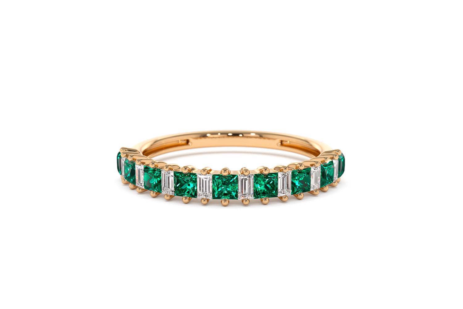 14K Unique Princess Cut Emerald and Baguette Diamond Ring - view 7