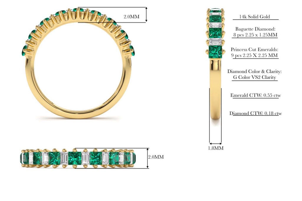 14K Unique Princess Cut Emerald and Baguette Diamond Ring - view 10