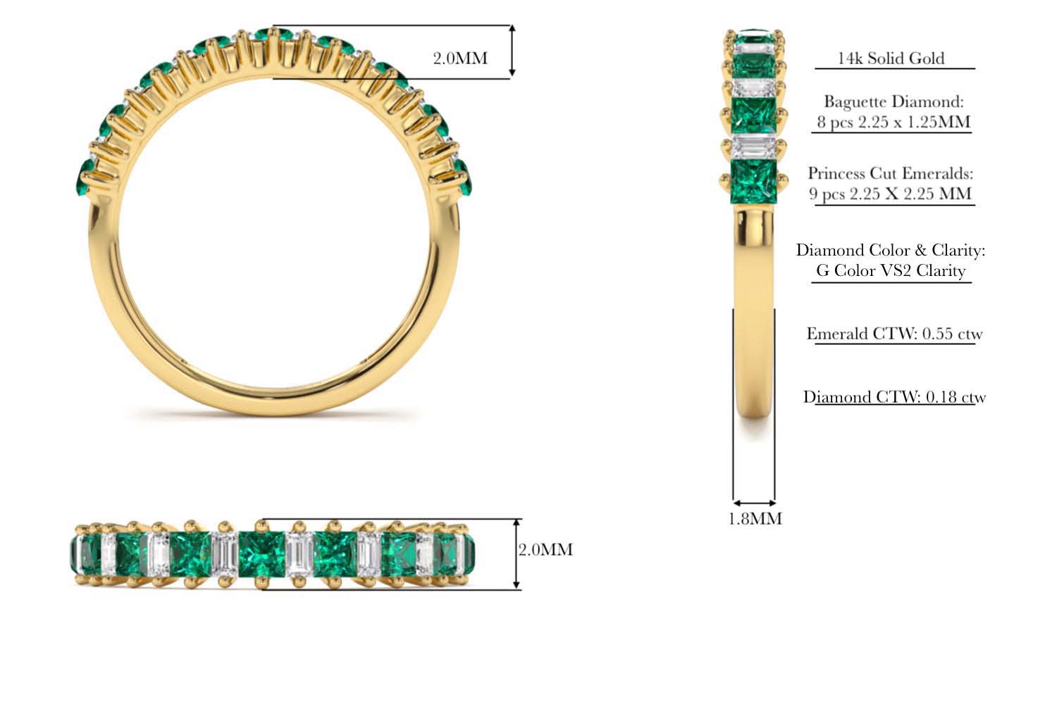 14K Unique Princess Cut Emerald and Baguette Diamond Ring - view 10