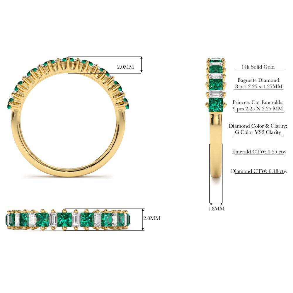 14K Unique Princess Cut Emerald and Baguette Diamond Ring - view 5