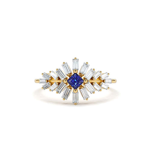 14K Baguette Diamond Ring with Square Sapphire by Orlina Fine