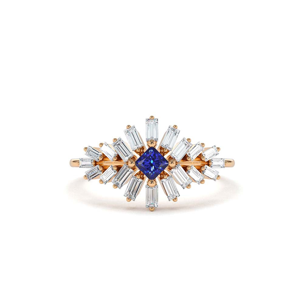 14K Baguette Diamond Ring with Square Sapphire - view 2