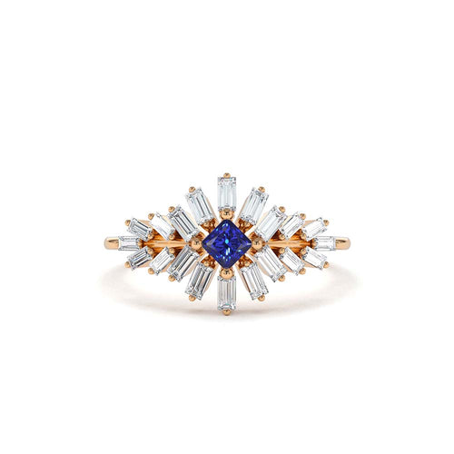14K Baguette Diamond Ring with Square Sapphire - view 2